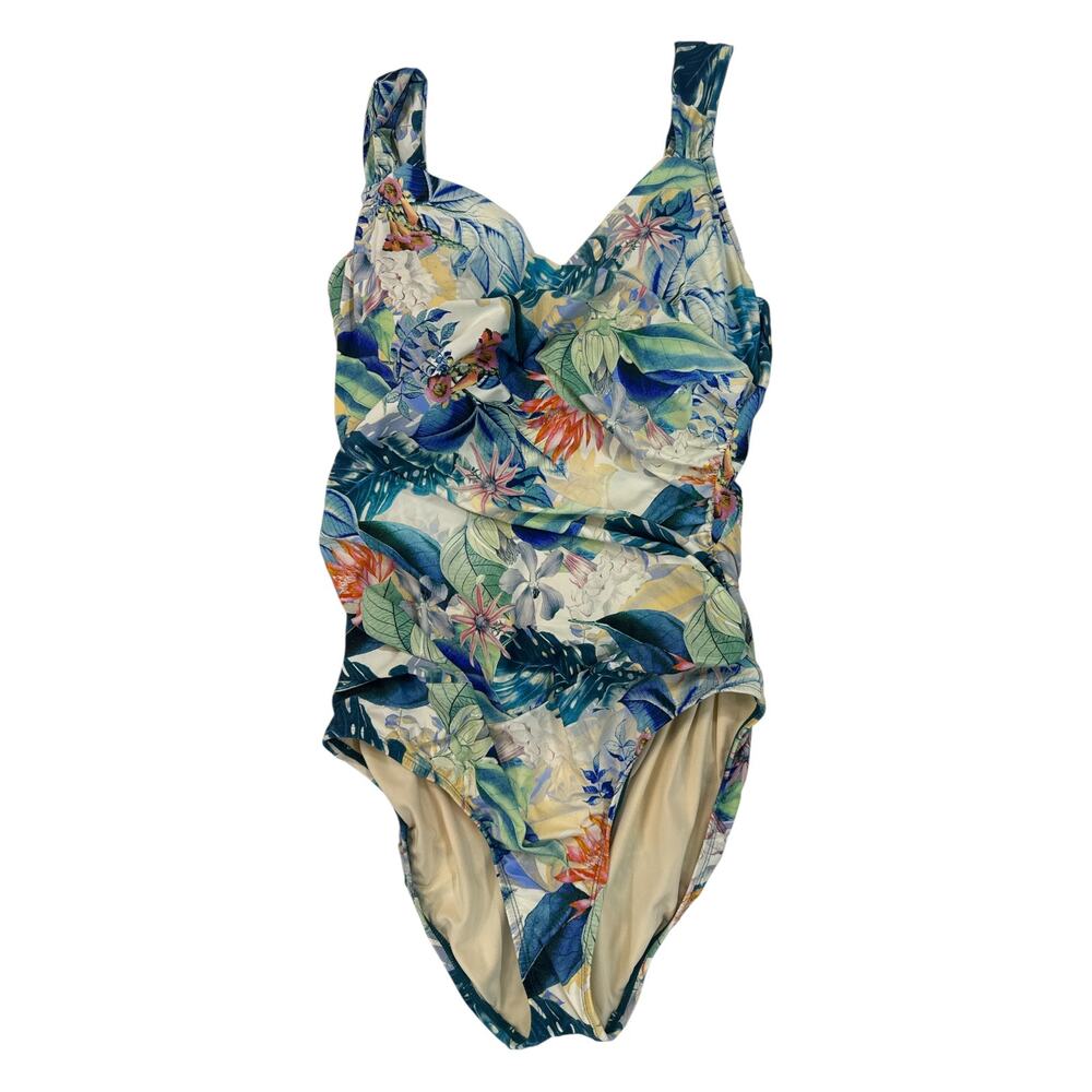 PO-EX Jantzen Tropical Botanical One Piece Swimsuit 14 Ruched Tummy Control NWT - Picture 2 of 11
